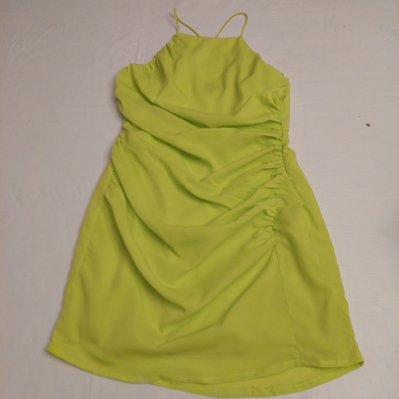Vici Neon Green Dazzle Me Ruched Halter Neck Mini Dress Dopamine Dressing Size M - Picture 3 of 12